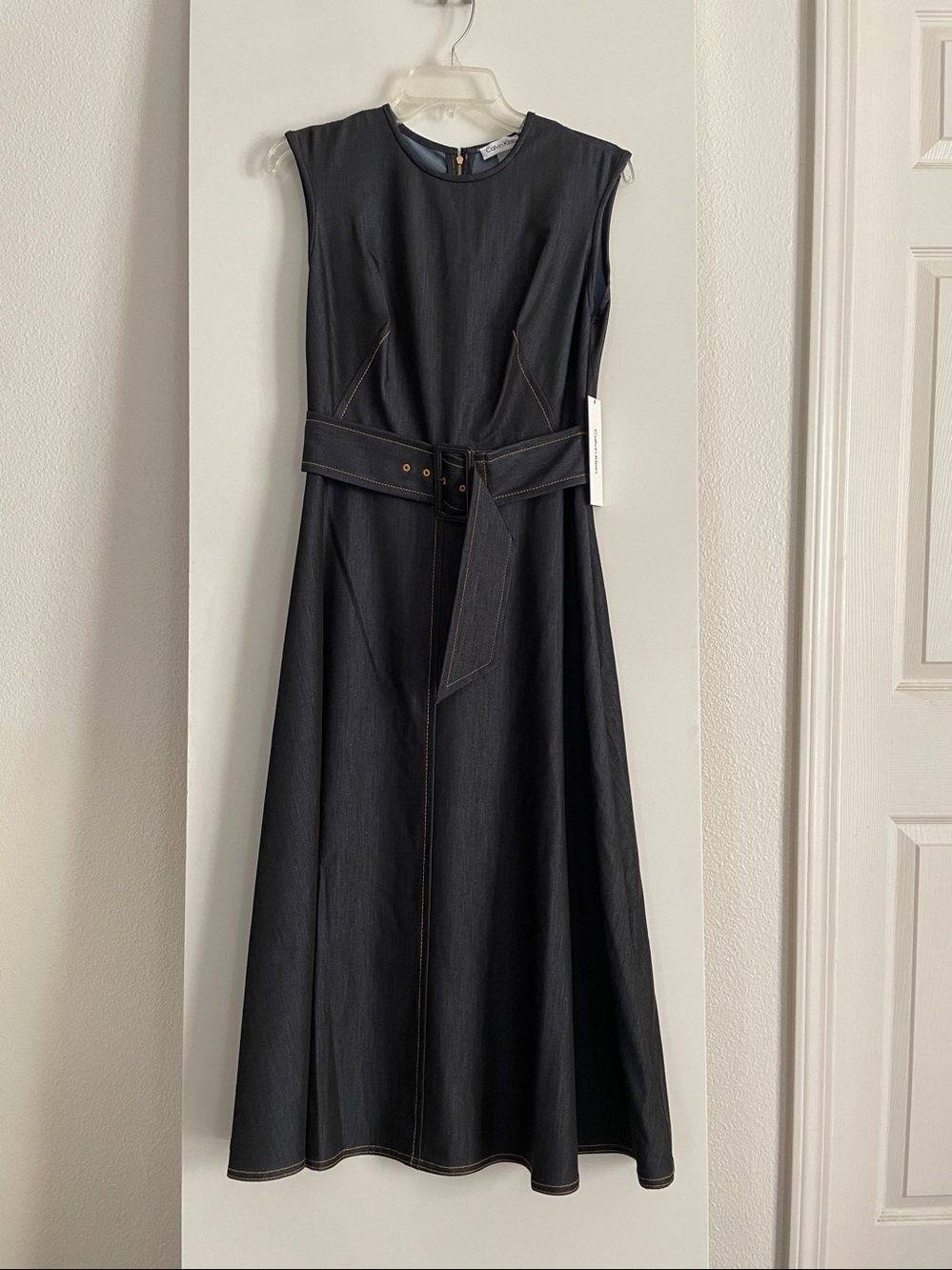 Calvin Klein Classic Sleeveless A Line Flowy Midi Sheath Dress Navy Blue NWT